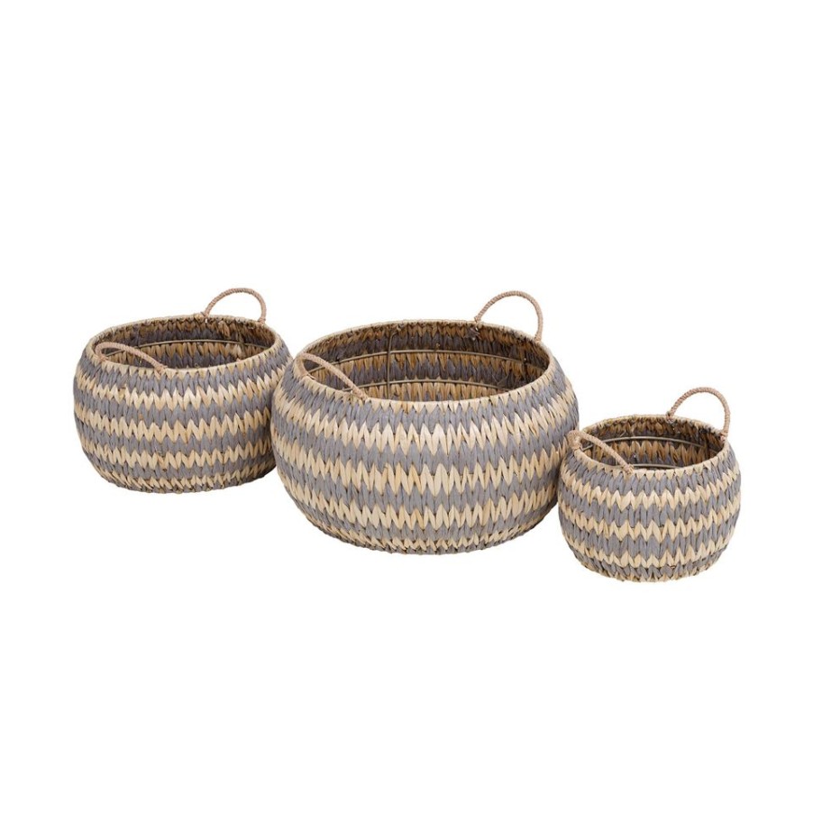 Homebase Storage Containers | Grey Round Flatweave Baskets - Set Of 3