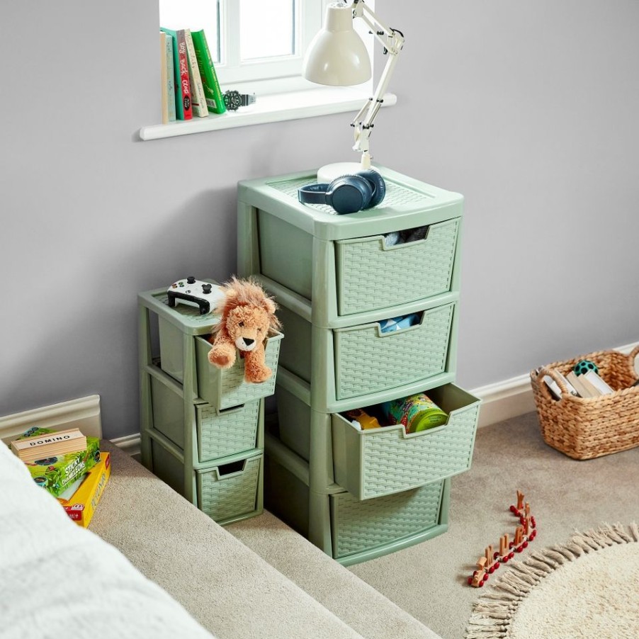 Homebase Storage Containers | Small 3 Drawer Storage Tower - Rattan Effect - Sage Green