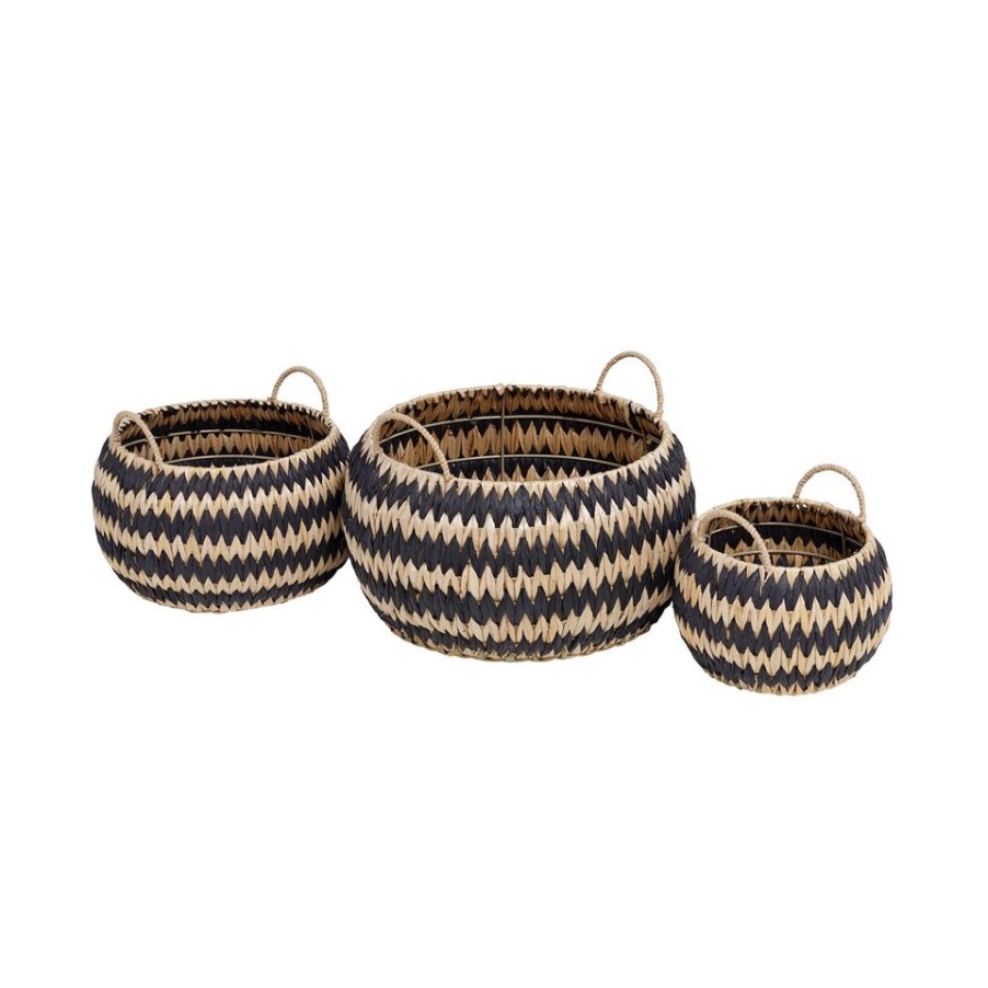 Homebase Storage Containers | Black Round Flatweave Baskets - Set Of 3