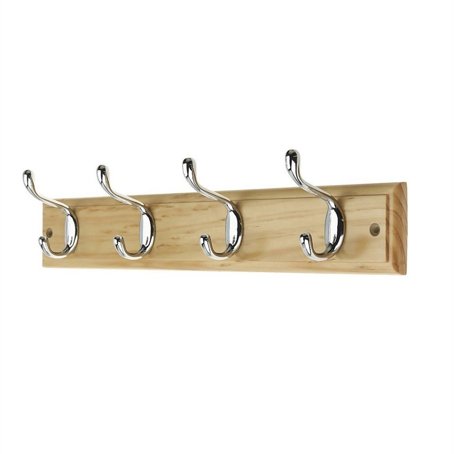 Homebase Hallway Furniture | 4 Coat Polished Chrome Hooks On Pine Stepped Board