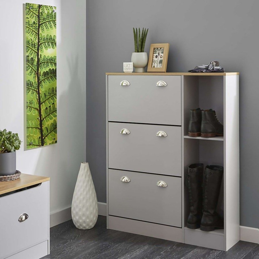 Homebase Hallway Furniture | Barnford Shoe Storage Cabinet - Grey & Oak