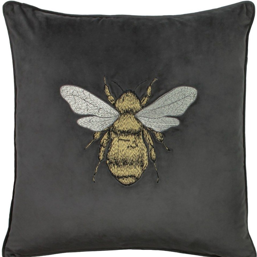 Homebase Cushions | Bee Embroidered Velvet Cushion - Charcoal