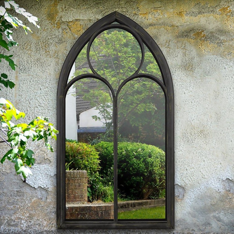 Homebase Mirrors | Mirroroutlet Black Somerley Chapel Arch Extra Large Metal Garden Mirror - 150X81Cm