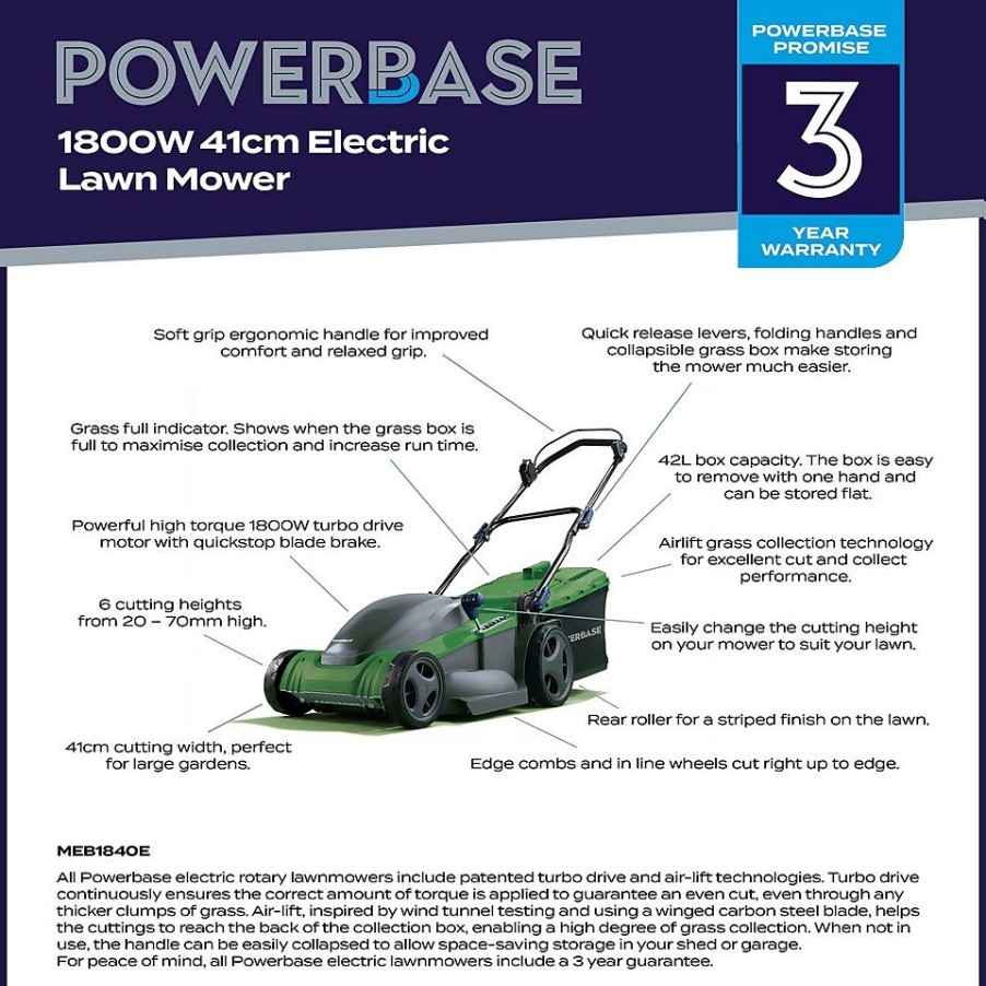 Homebase Lawn Mowers | Powerbase 1800W Electric Lawn Mower - 41Cm