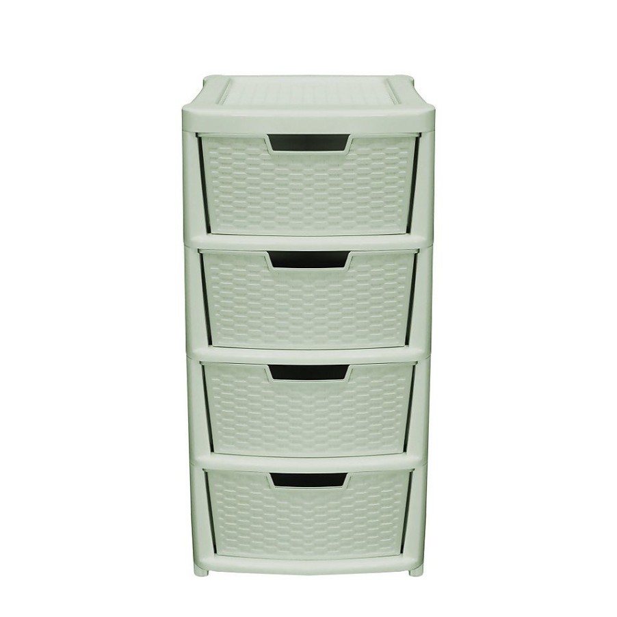 Homebase Storage Containers | Large 4 Drawer Storage Tower - Rattan Effect - Sage Green