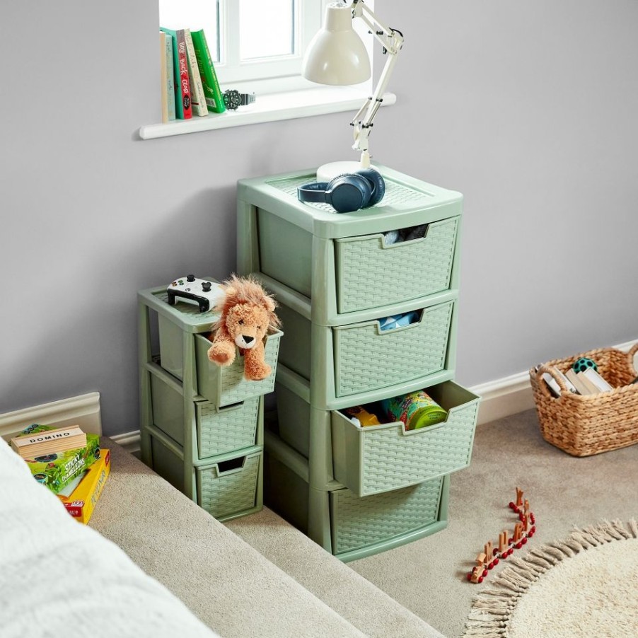 Homebase Storage Containers | Large 4 Drawer Storage Tower - Rattan Effect - Sage Green