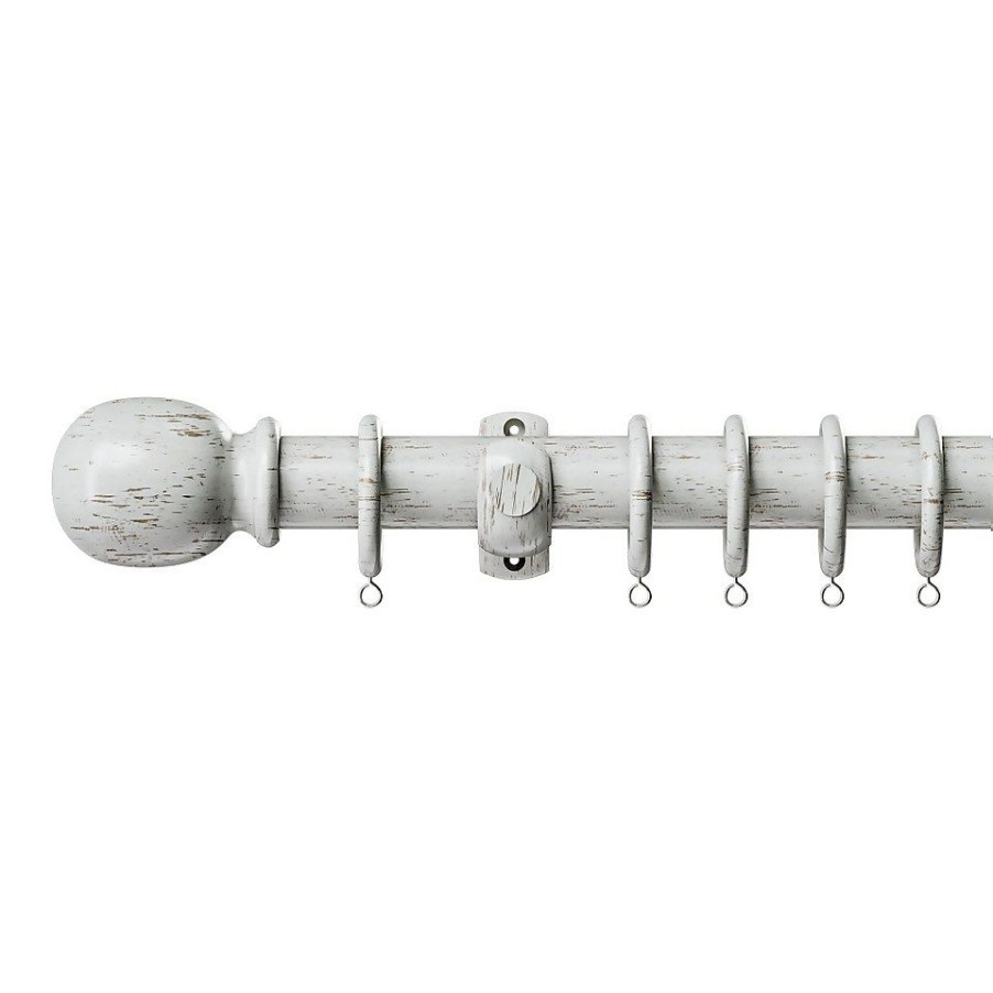 Homebase Curtain Poles & Tracks | Scratched White Wood Curtain Pole With Ball Finial - 300Cm (Dia 28Mm)