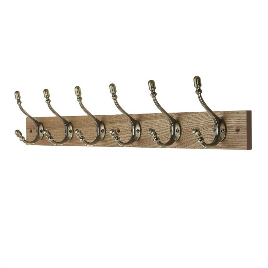 Homebase Hallway Furniture | 6 Deco Antique Brass Hook On Light Rustic Board