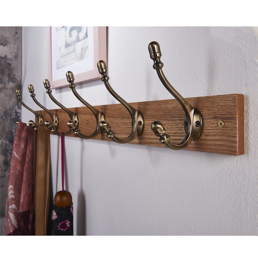 Homebase Hallway Furniture | 6 Deco Antique Brass Hook On Light Rustic Board