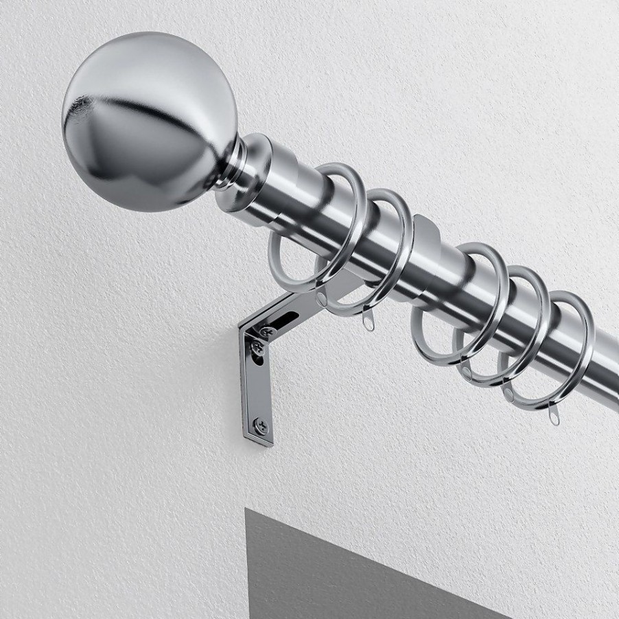 Homebase Curtain Poles & Tracks | Satin Steel Metal Curtain Pole With Ball Finial - 120Cm (Dia 28Mm)