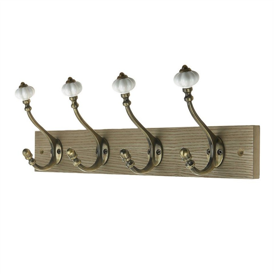 Homebase Hallway Furniture | 4 Ceramic Antique Brass Hook On Dark Rustic Board