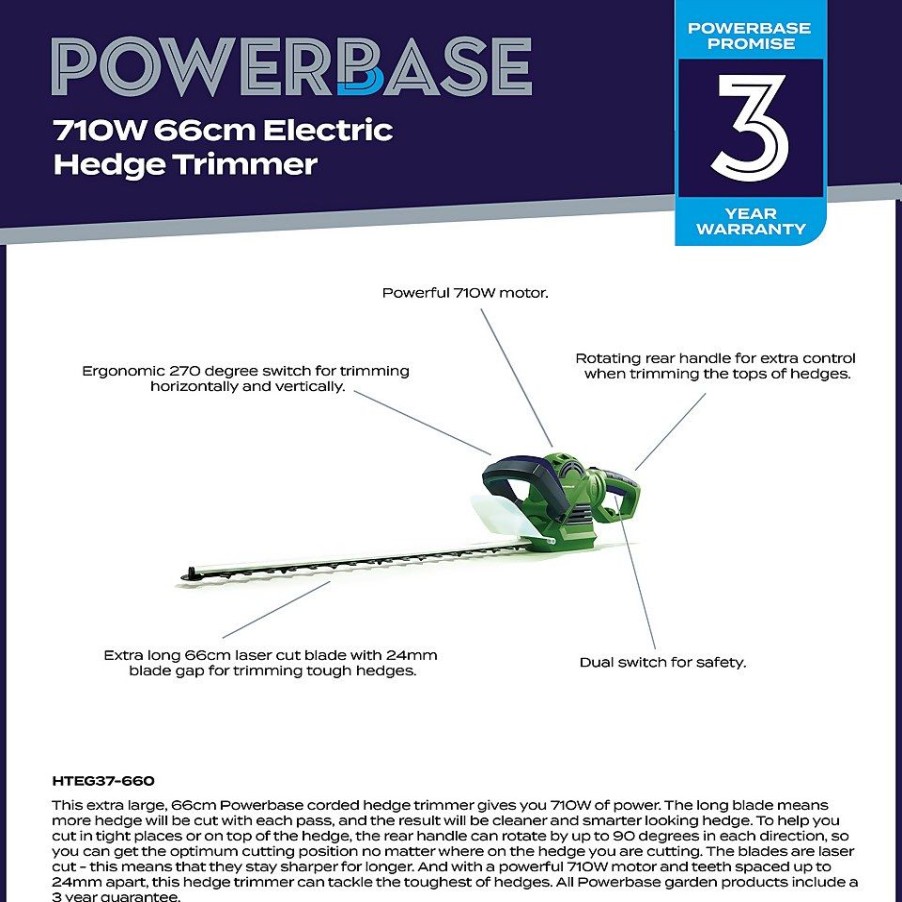 Homebase Hedge Trimmers | Powerbase 710W Electric Hedge Trimmer - 66Cm