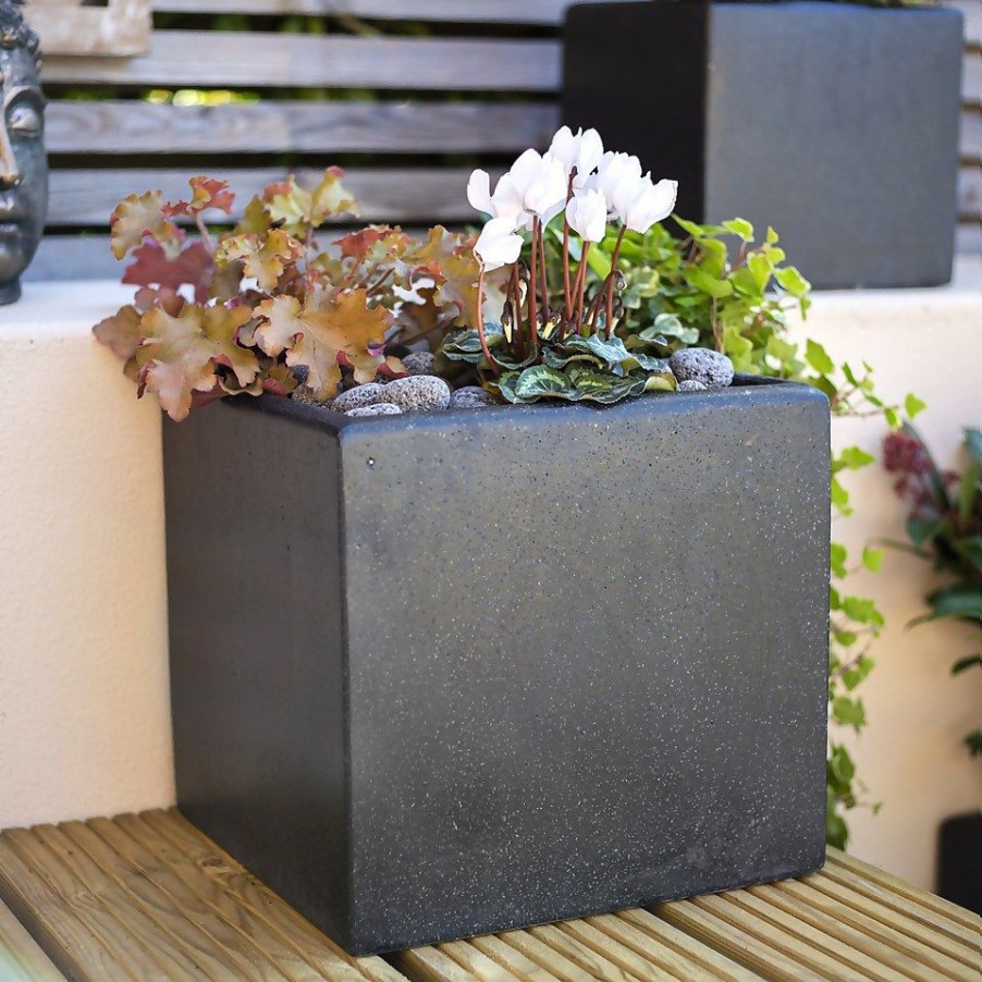 Homebase Plant Pots | Plaza Terrazzo Cube Black - 29Cm