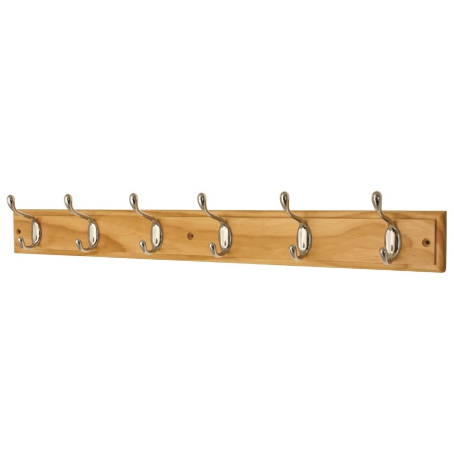 Homebase Hallway Furniture | 6 Coat Polished Chrome Hooks On Pine Stepped Board