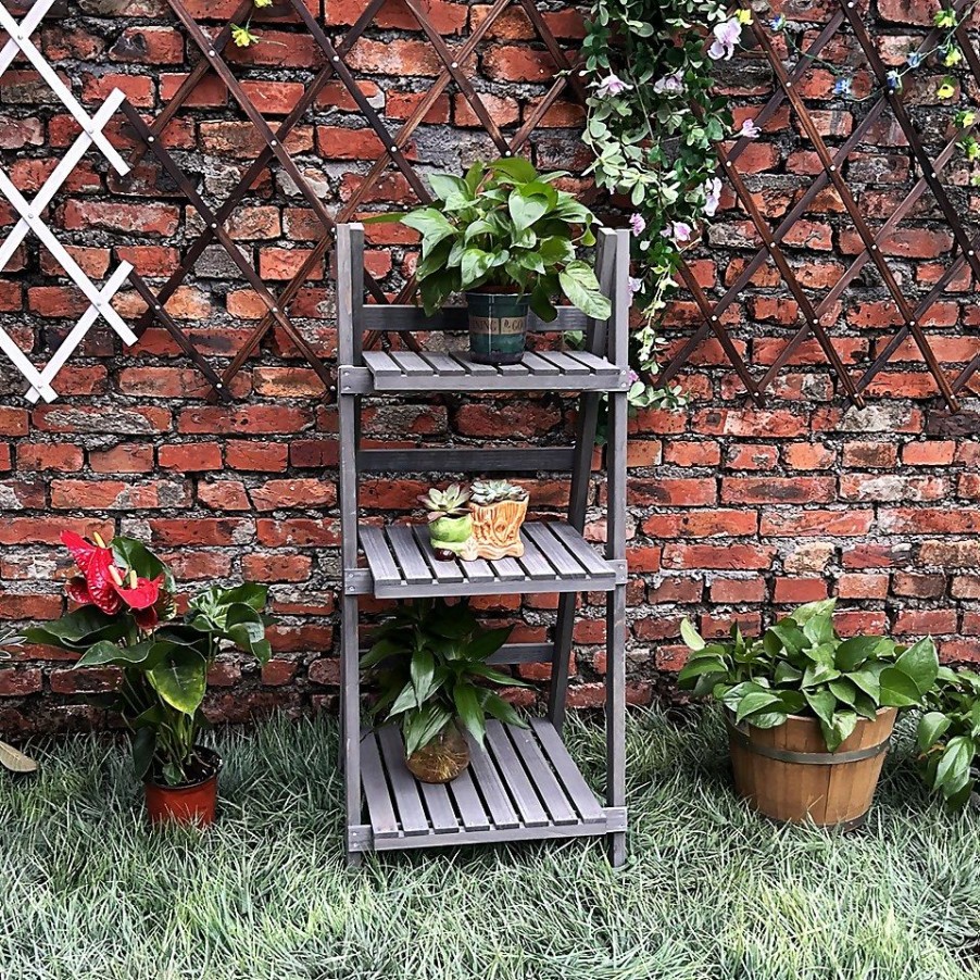 Homebase Garden Planters | 3 Tier Wooden Plant Stand - Grey