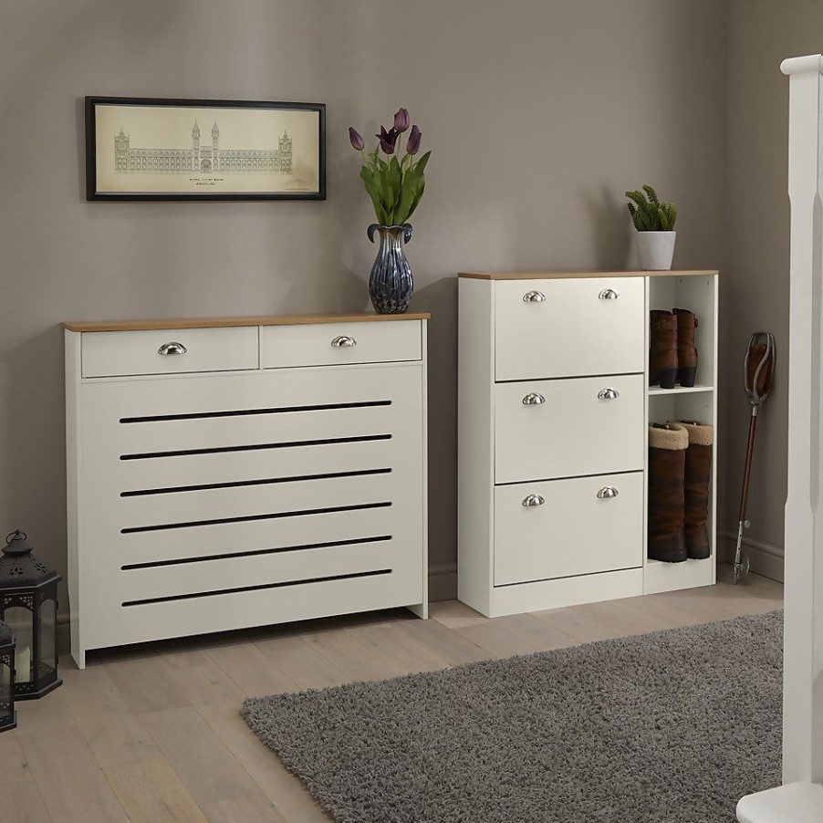 Homebase Hallway Furniture | Barnford Medium Radiator Cover With Drawers In Cream & Oak Effect