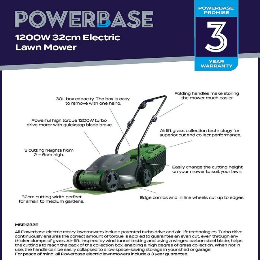 Homebase Lawn Mowers | Powerbase 1200W Electric Lawn Mower - 32Cm