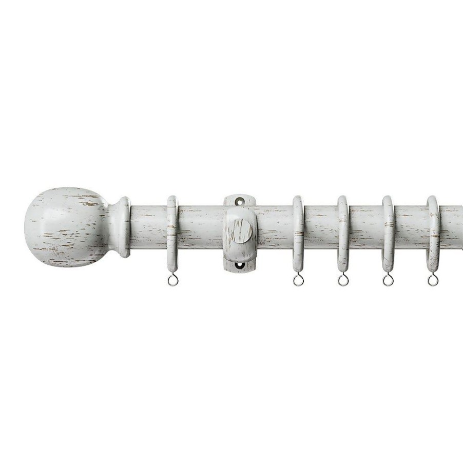 Homebase Curtain Poles & Tracks | Scratched White Wood Curtain Pole With Ball Finial - 180Cm (Dia 28Mm)