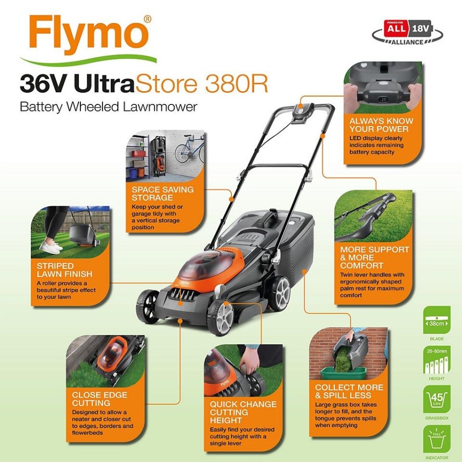 Homebase Lawn Mowers | Flymo 36V Ultrastore 380R Cordless Rotary Lawnmower Kit - 36V