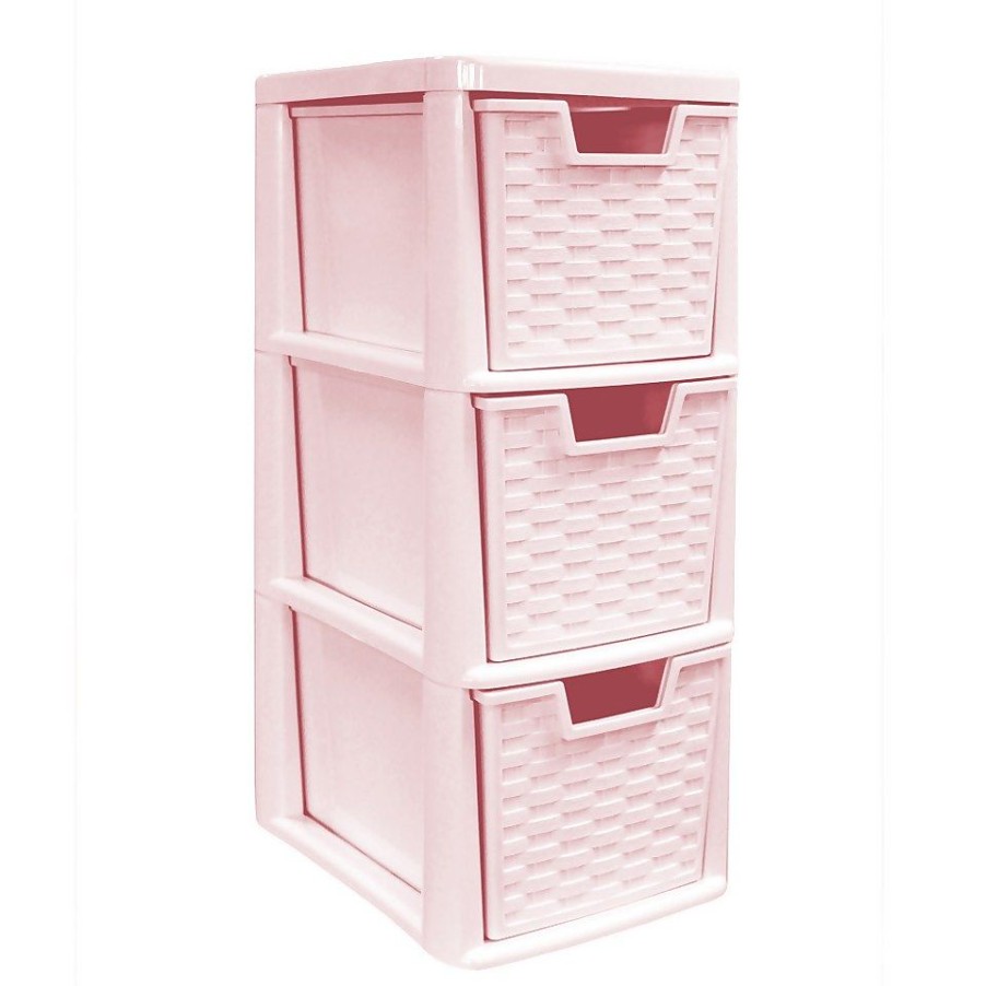 Homebase Storage Containers | Small 3 Drawer Storage Tower - Rattan Effect - Pink