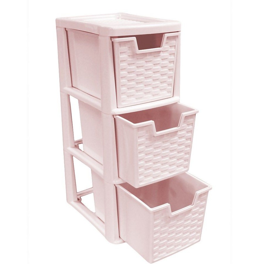 Homebase Storage Containers | Small 3 Drawer Storage Tower - Rattan Effect - Pink