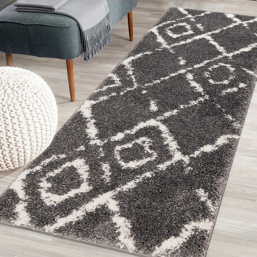 Homebase Rugs | Deluxe Berber Shaggy Runner - Charcoal & White - 180X67Cm