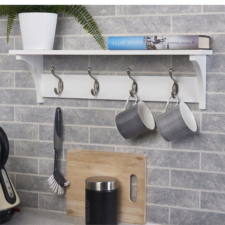 Homebase Hallway Furniture | 4 Coat Satin Nickel Hooks On White Shelf Combo