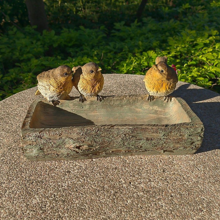 Homebase Garden Ornaments | Homebase Wood Log Bird Bath With Birds