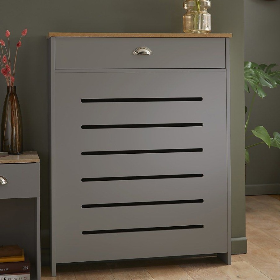 Homebase Hallway Furniture | Barnford Small Radiator Cover With Drawer In Grey & Oak Effect