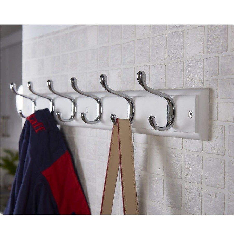 Homebase Hallway Furniture | 6 Coat Polished Chrome Hooks On White Stepped Board