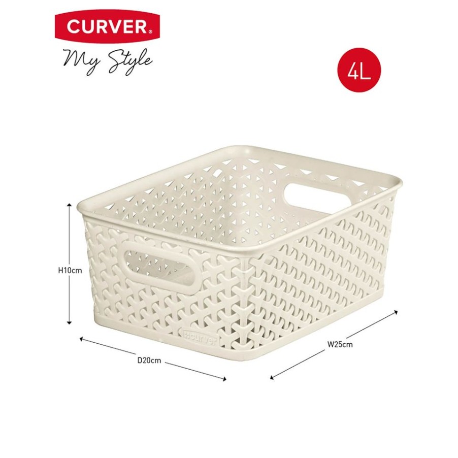 Homebase Storage Containers | Curver My Style Small Rectangular Plastic Storage Basket - Vintage White - 4L