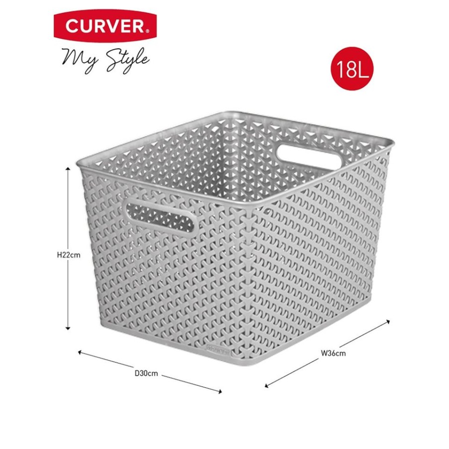 Homebase Storage Containers | Curver My Style Large Rectangular Plastic Storage Basket - Grey - 18L