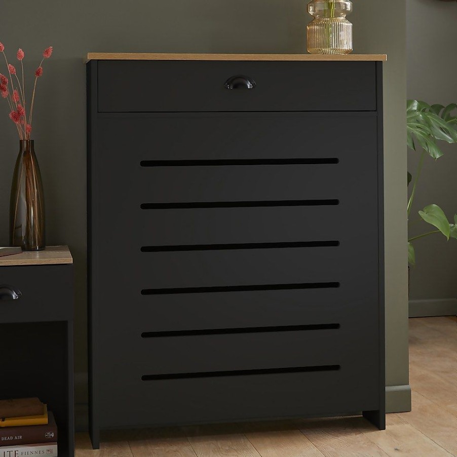 Homebase Hallway Furniture | Barnford Small Radiator Cover With Drawer In Black & Oak Effect