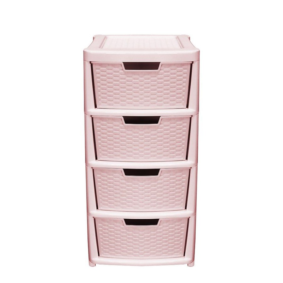 Homebase Storage Containers | Large 4 Drawer Storage Tower - Rattan Effect - Pink