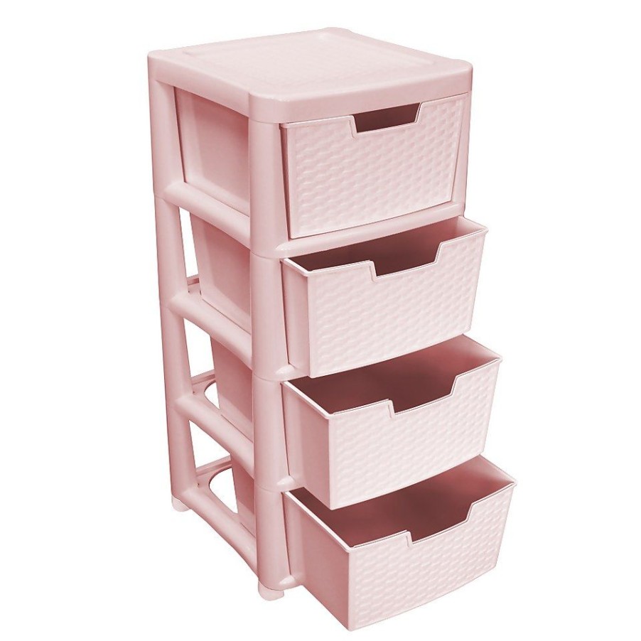 Homebase Storage Containers | Large 4 Drawer Storage Tower - Rattan Effect - Pink