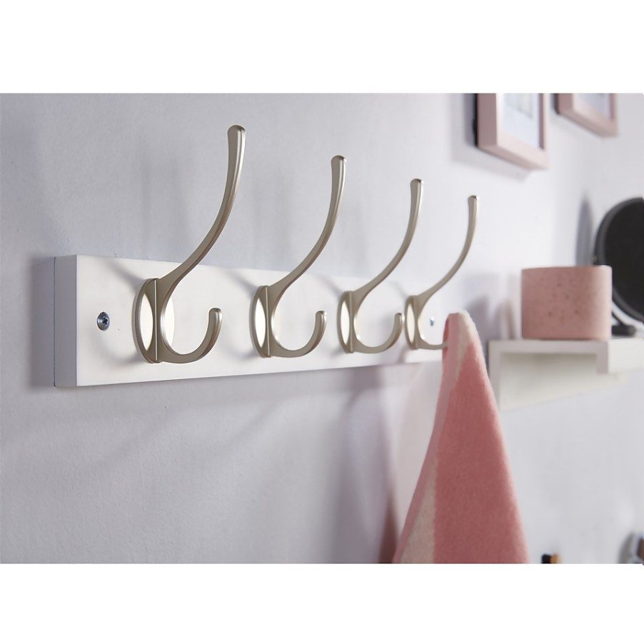 Homebase Hallway Furniture | 4 Victorian Satin Nickel Hooks On White Bloc Board