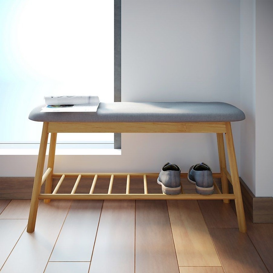 Homebase Hallway Furniture | Bamboo Shoe Bench With Grey Cushion Seat