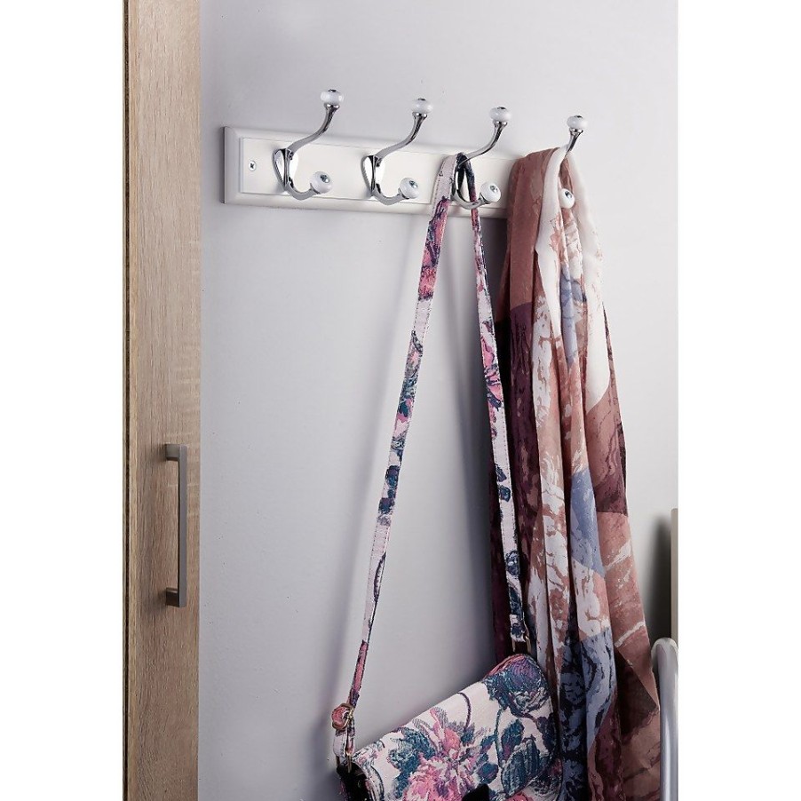 Homebase Hallway Furniture | White Hook Rail - Polished Chrome - 4 Hooks