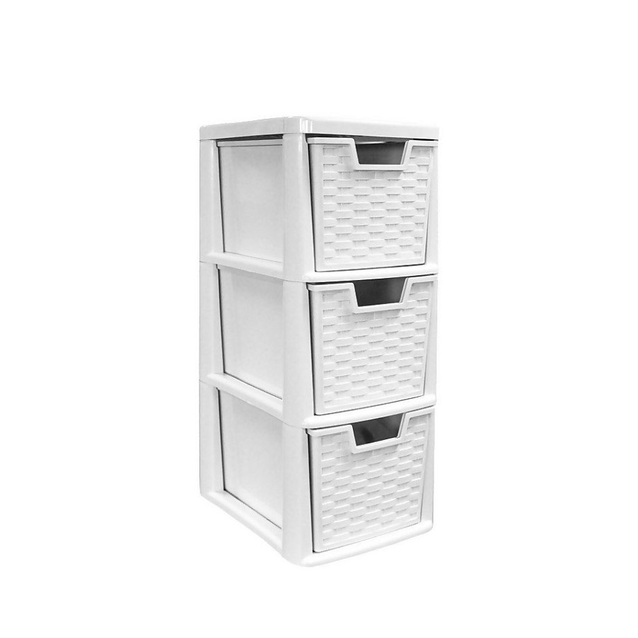 Homebase Storage Containers | Medium Rattan Effect 3 Drawer Storage Tower - White