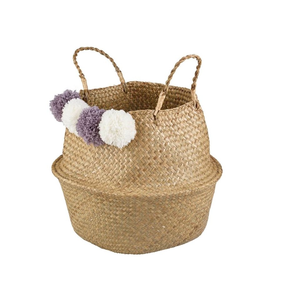 Homebase Storage Containers | Seagrass Foldable Basket With Pom Poms