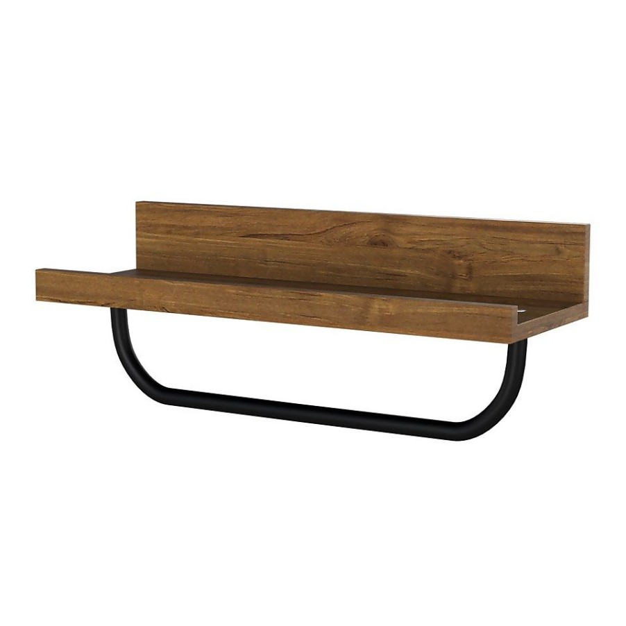 Homebase Bathroom Shelving | Bathroom Wall Shelf & Hanging Towel Rail - Mango Oak & Black