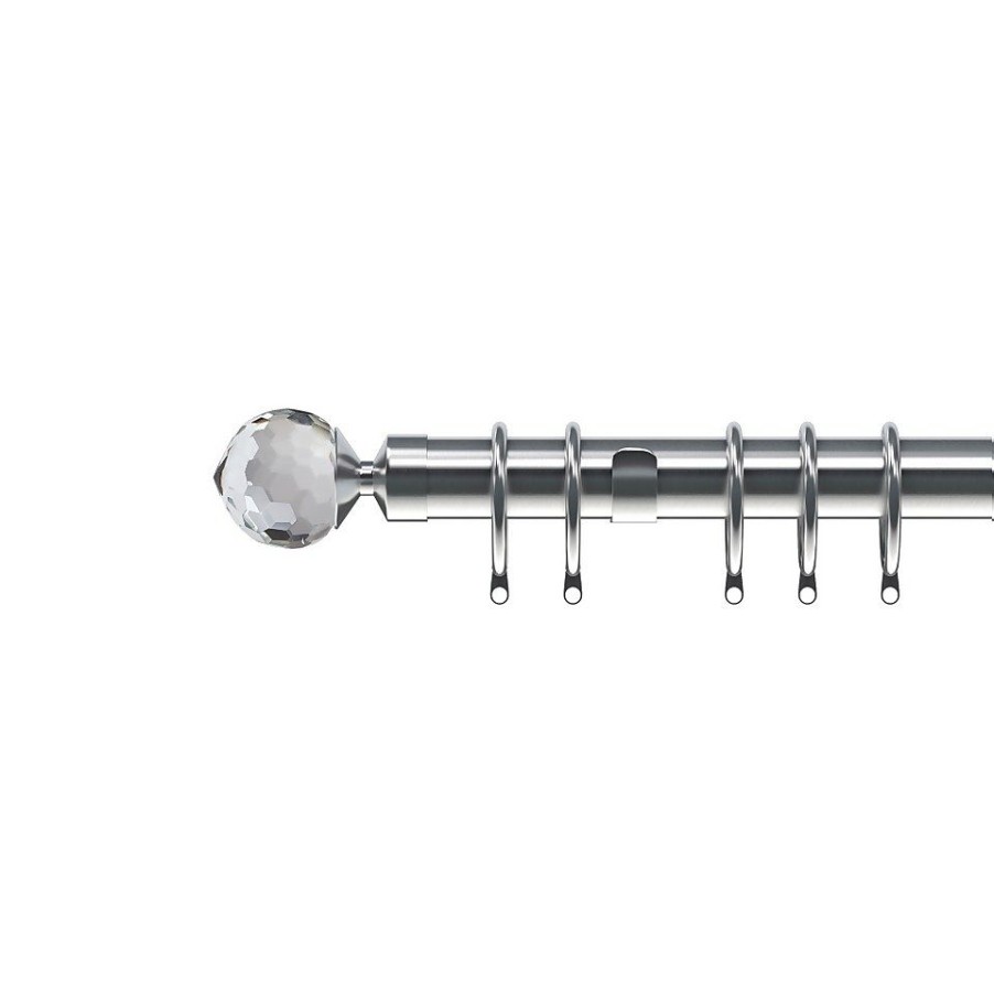 Homebase Curtain Poles & Tracks | Satin Steel Metal Curtain Pole With Crystal Ball Finial - 300Cm (Dia 28Mm)