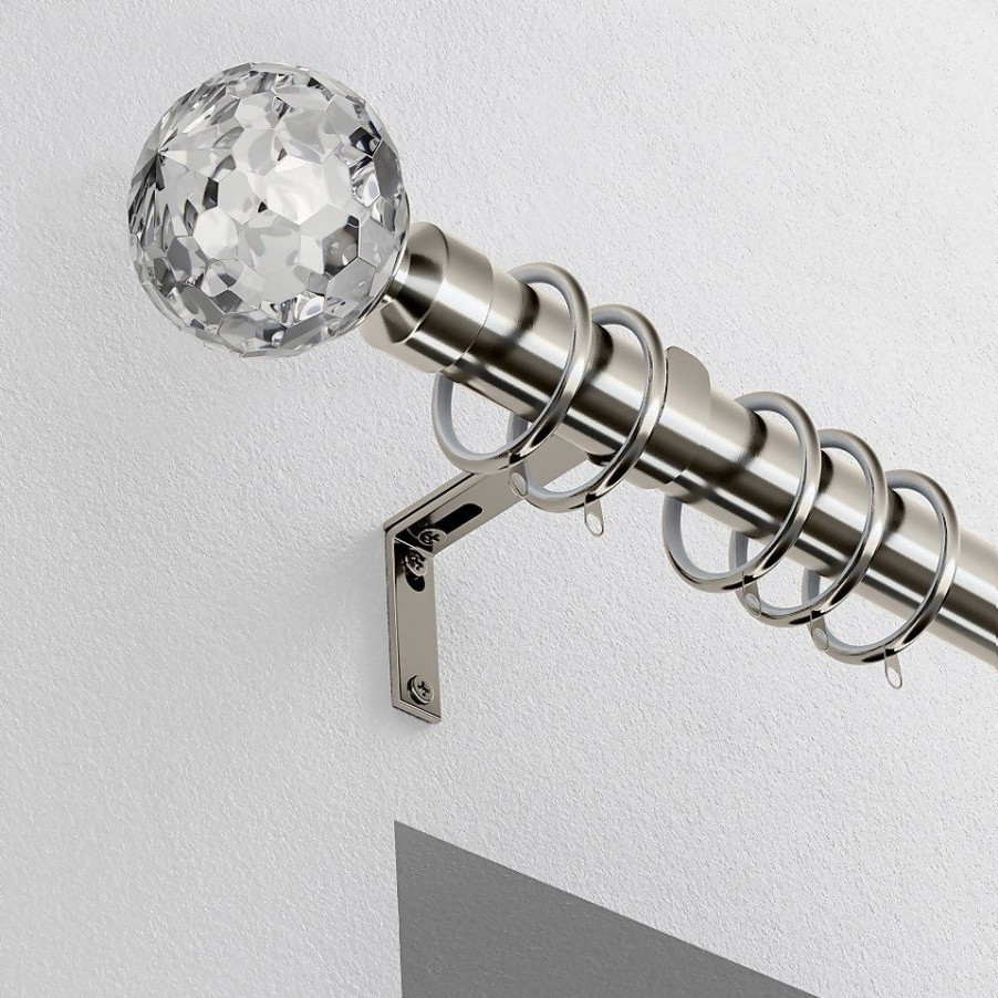 Homebase Curtain Poles & Tracks | Satin Steel Metal Curtain Pole With Crystal Ball Finial - 300Cm (Dia 28Mm)