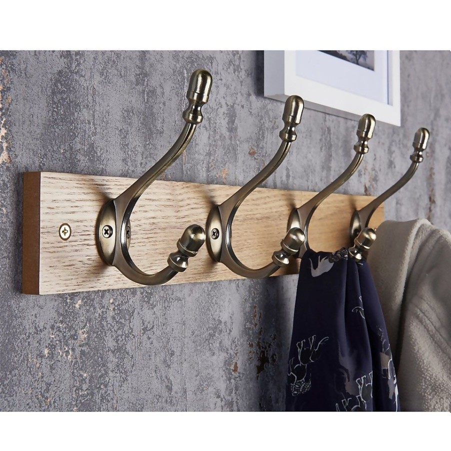 Homebase Hallway Furniture | 4 Deco Antique Brass Hook On Light Rustic Board