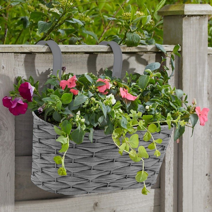 Homebase Hanging Baskets | 12In Faux Rattan Hanging Planter - Slate